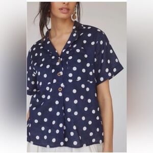 Anthropologie Maeve Surf Linen Polkadot Button Up Breathable Blouse Top Size XL